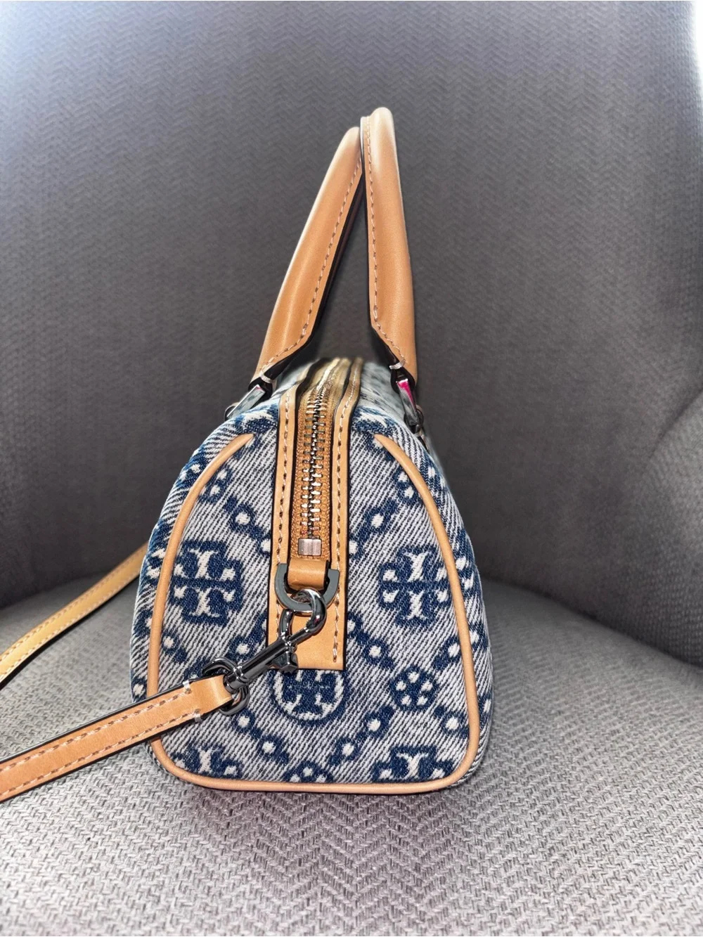 Tory Burch T Monogram Denim Mini Barrel Bag